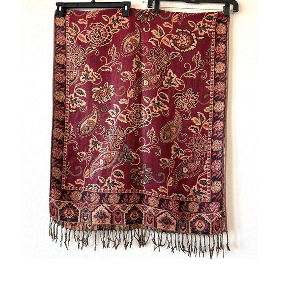 Burgundy Red & Gold Paisley Shawl Wrap Neck warmer Tassels 66”x27” Reversible - Picture 1 of 5